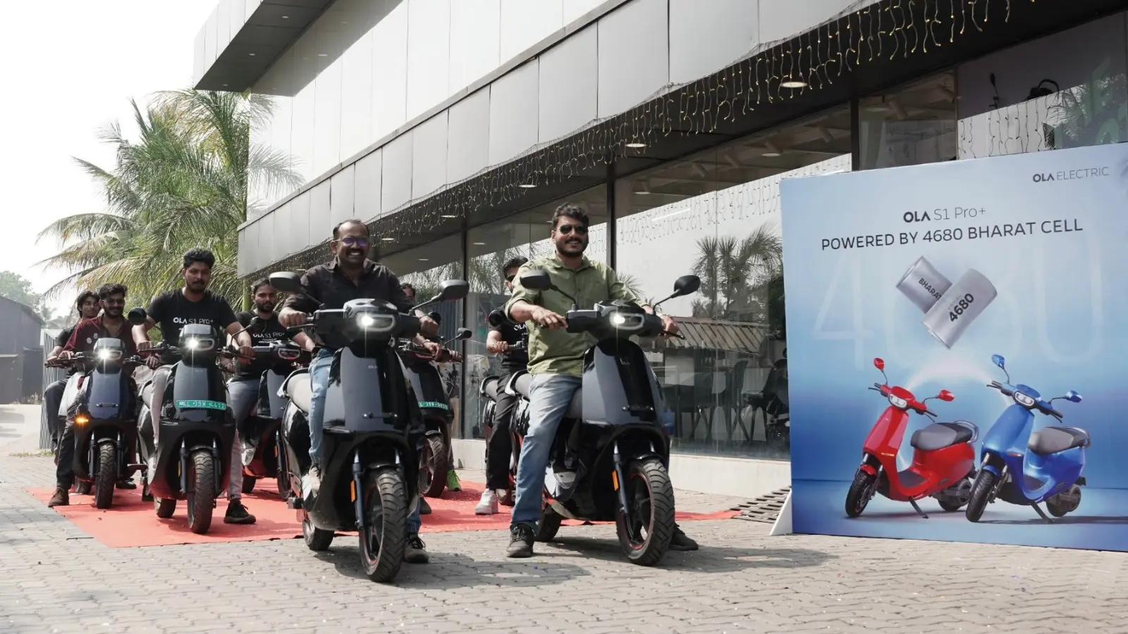 Ola Electric scooters lined up outside Ola showroom promoting 4680 Bharat Cell technology